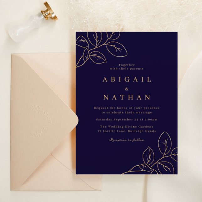 Elegant Gold Leaf & Navy Blue Wedding Invitation (Creator Uploaded)