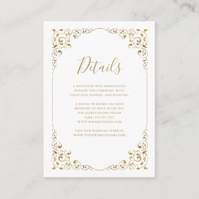 Elegant Gold Leaf Script Wedding Details Enclosure Card (Front)