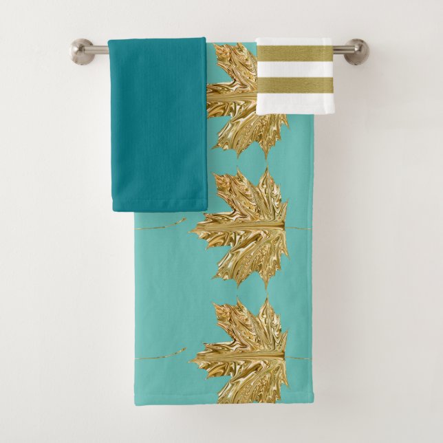 Elegant Gold Leaf Striped Blue and White Towel Set (Insitu)