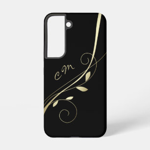 Elegant Gold Leaf Swirl Black Monogram Samsung Galaxy Case