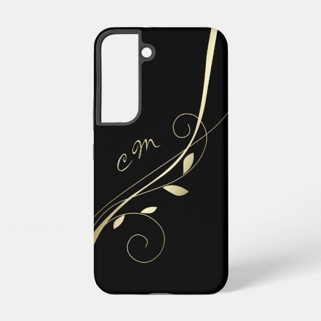 Elegant Gold Leaf Swirl Black Monogram Samsung Galaxy S22 Case (Back)
