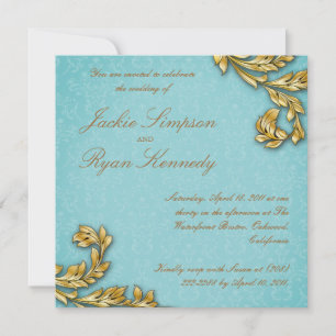 Elegant Gold Leaf Wedding Invite Floral Blue