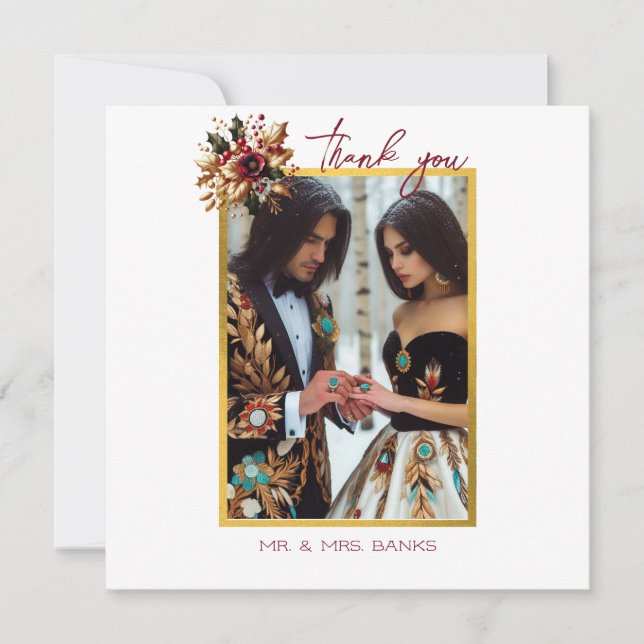 Elegant Gold Leaf Wedding Photo Thank You Card (Front)
