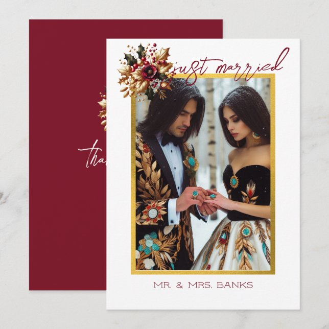 Elegant Gold Leaf Wedding Photo Thank You Card (Front/Back)