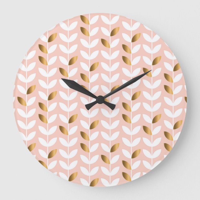 Elegant Gold Leafs: Rosy Vintage. Large Clock (Front)