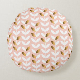 Elegant Gold Leafs: Rosy Vintage. Round Cushion