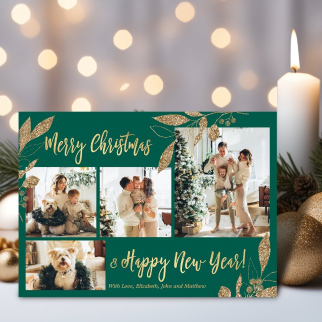 Elegant Gold Leafy 4 Photo Collage Christmas Postcard (Creator Uploaded)