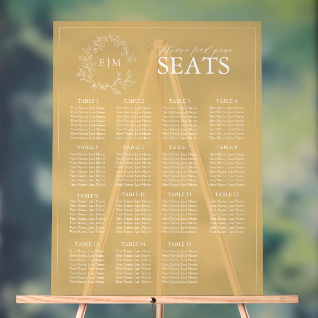 Elegant Gold Leafy Crest Monogram Wedding Seating Acrylic Sign (Neutral)