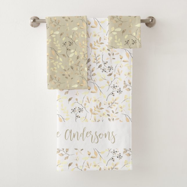 Elegant Gold Leafy Print on White Family Name Bath Towel Set (Insitu)