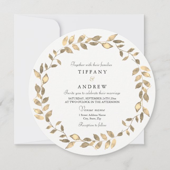Elegant Gold Leave Wreath Modern Wedding Invite (Front)