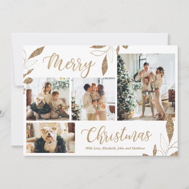 Elegant Gold Leaves 4 Photo Collage Christmas Card (Front)