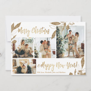 Elegant Gold Leaves 4 Photo Collage Christmas Card