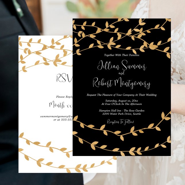 Elegant Gold Leaves Black and White Wedding Invitation (Elegant Gold Leaves Black and White Wedding Invitation)