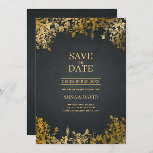 Elegant Gold Leaves, Black Save The Date Wedding Invitation