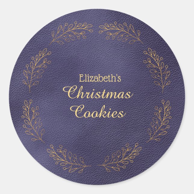 Elegant Gold Leaves Blue Christmas Cookies Classic Round Sticker (Front)