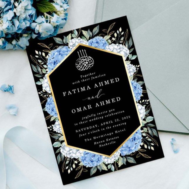 Elegant Gold Leaves Blue Floral Muslim Wedding Invitation (Creator Uploaded)