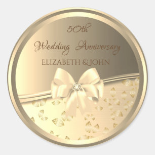 Elegant Gold Leaves,Bow Anniversary Classic Round Sticker