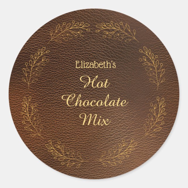Elegant Gold Leaves Brown Christmas Hot Cocoa Mix  Classic Round Sticker (Front)