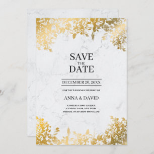 Elegant Gold Leaves Marble Save The Date Wedding Invitation
