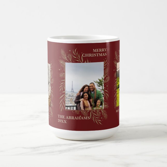 Elegant Gold Leaves Merry Christmas Family Photo  Coffee Mug (Center)