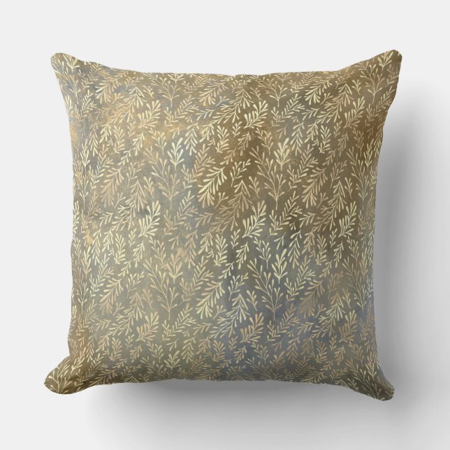 Elegant Gold Leaves Pattern Beige Blue Cushion (Front)