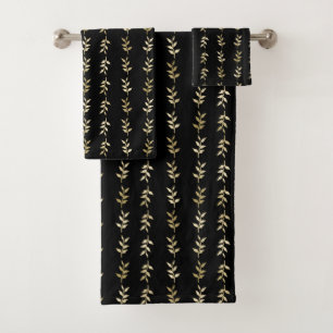 Elegant Gold Leaves Pattern On Black Bath Towel Set