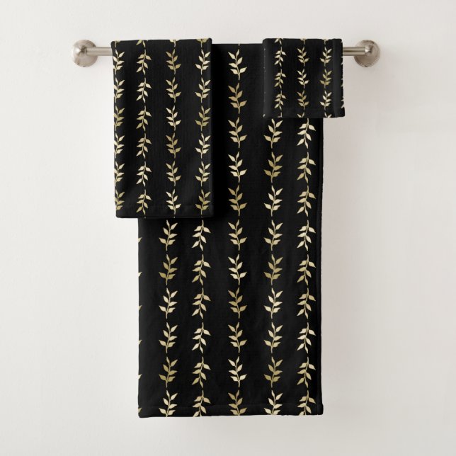 Elegant Gold Leaves Pattern On Black Bath Towel Set (Insitu)