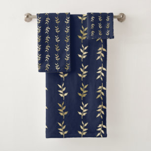 Elegant Gold Leaves Pattern On Midnight Blue Bath Towel Set