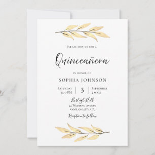 Elegant Gold Leaves Quinceanera Party Invitation