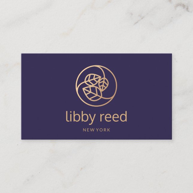 Elegant Gold Leaves Trio Logo Navy Blue Business Card (Front)