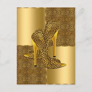 Elegant Gold Leopard High Heel Shoes Animal Postcard