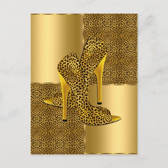 Elegant Gold Leopard High Heel Shoes Animal Postcard (Front)