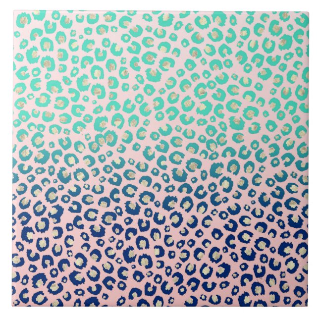 Elegant Gold leopard print Blue Mint Gradient Pink Ceramic Tile (Front)