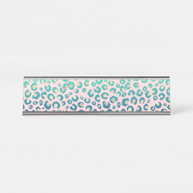 Elegant Gold leopard print Blue Mint Gradient Pink Desk Name Plate (Front)