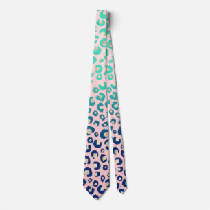 Elegant Gold leopard print Blue Mint Gradient Pink Tie