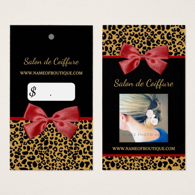Elegant Gold Leopard Print Red Bow Photo Pricetag (Front & Back)