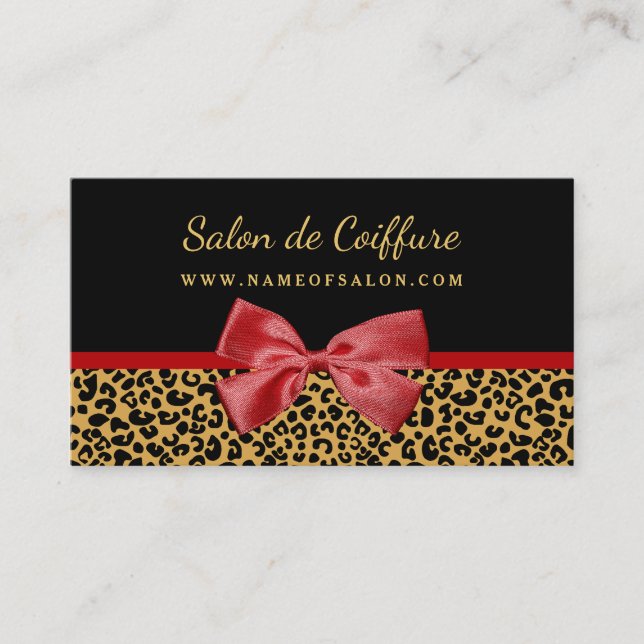 Elegant Gold Leopard Print With Red Bow Hair Salon Business Card (Front)