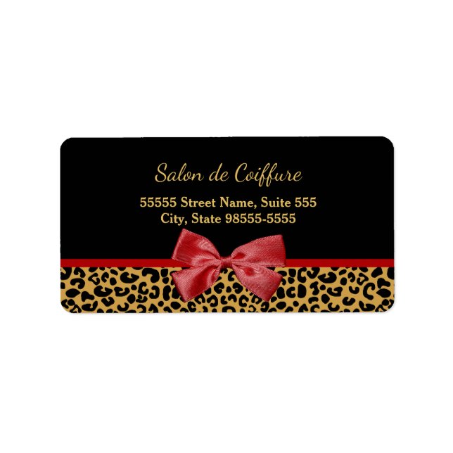Elegant Gold Leopard Print With Red Bow Hair Salon Label (Front)