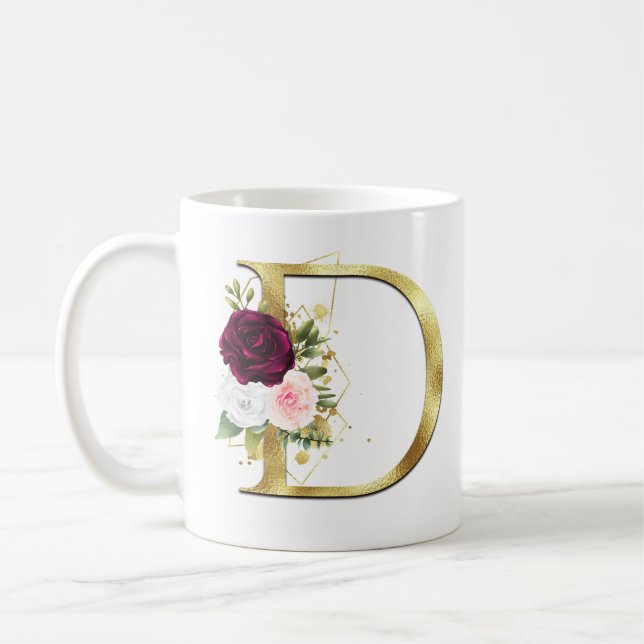 Elegant Gold Letter D Pink Burgundy Rose Monogram  Coffee Mug (Left)