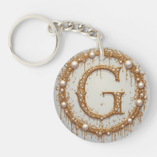Elegant Gold Letter G Pearl Accent Gift Idea Key Ring