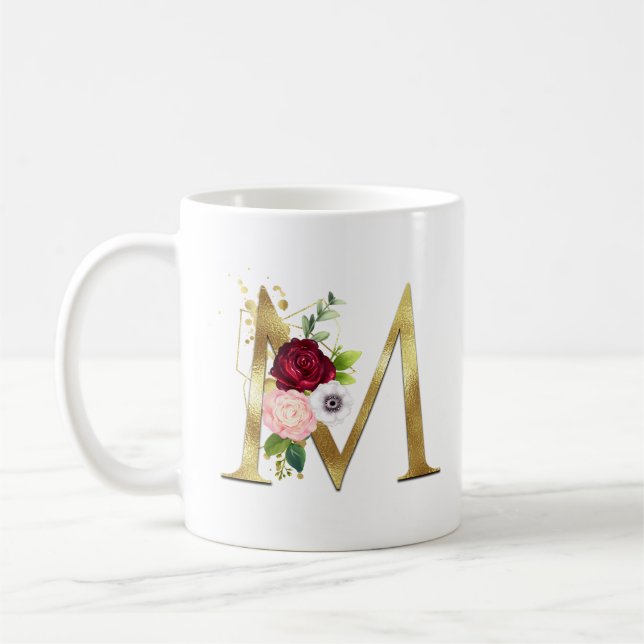 Elegant Gold Letter M Blush Burgundy Rose Monogram Coffee Mug (Left)