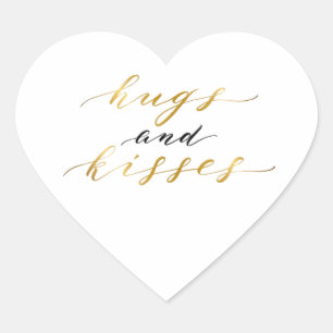 Elegant Gold Lettering Hugs and Kisses Heart Sticker
