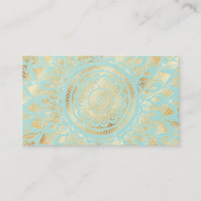 Elegant Gold Light Teal Mandala Floral Business Card (Front)