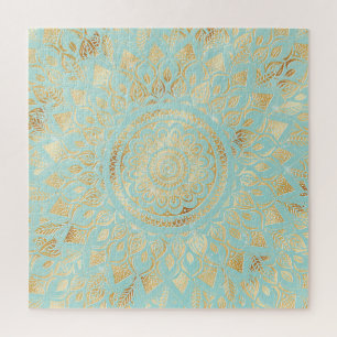 Elegant Gold Light Teal Mandala Floral Jigsaw Puzzle