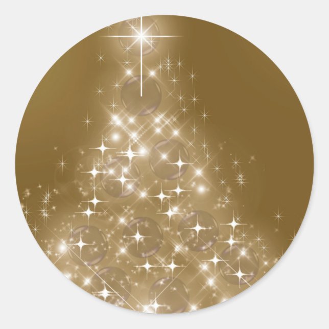 Elegant Gold Lighted Christmas Tree Classic Round Sticker (Front)