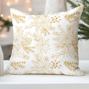 Elegant Gold Line Art Christmas Floral Cushion