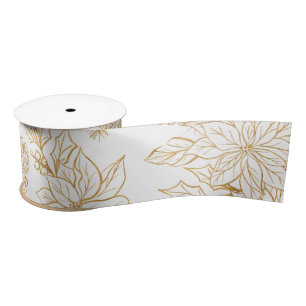 Elegant Gold Line Art Christmas Floral Satin Ribbon