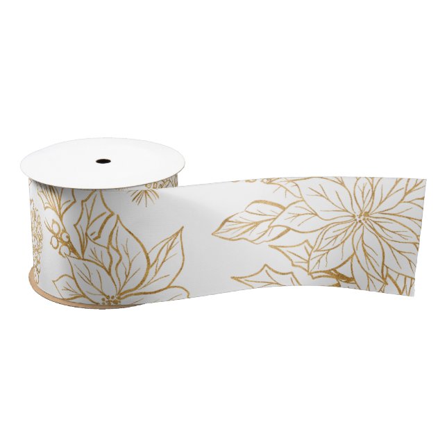 Elegant Gold Line Art Christmas Floral Satin Ribbon (Spool)