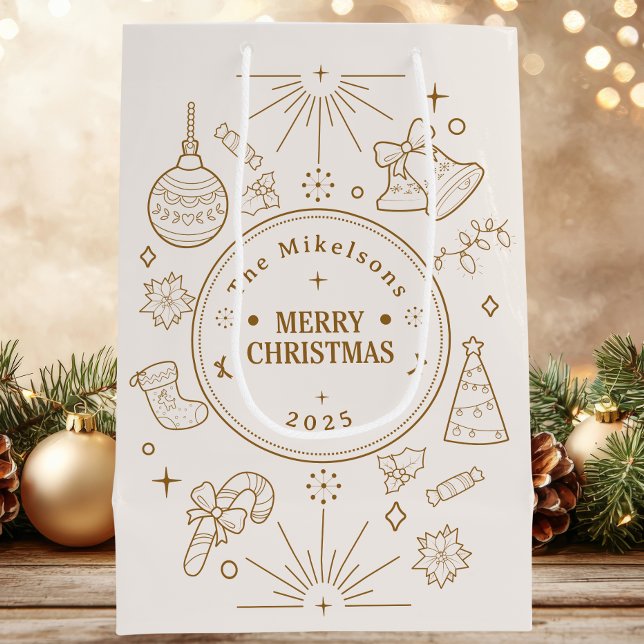 Elegant Gold Line Art Christmas Medium Gift Bag (Creator Uploaded)
