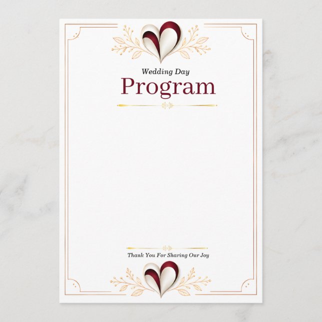  Elegant Gold Line Border with Burgundy 3D Hearts  Program (Front)